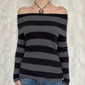 Y2K Grunge Black & Grey Striped Off The Shoulder Sweater